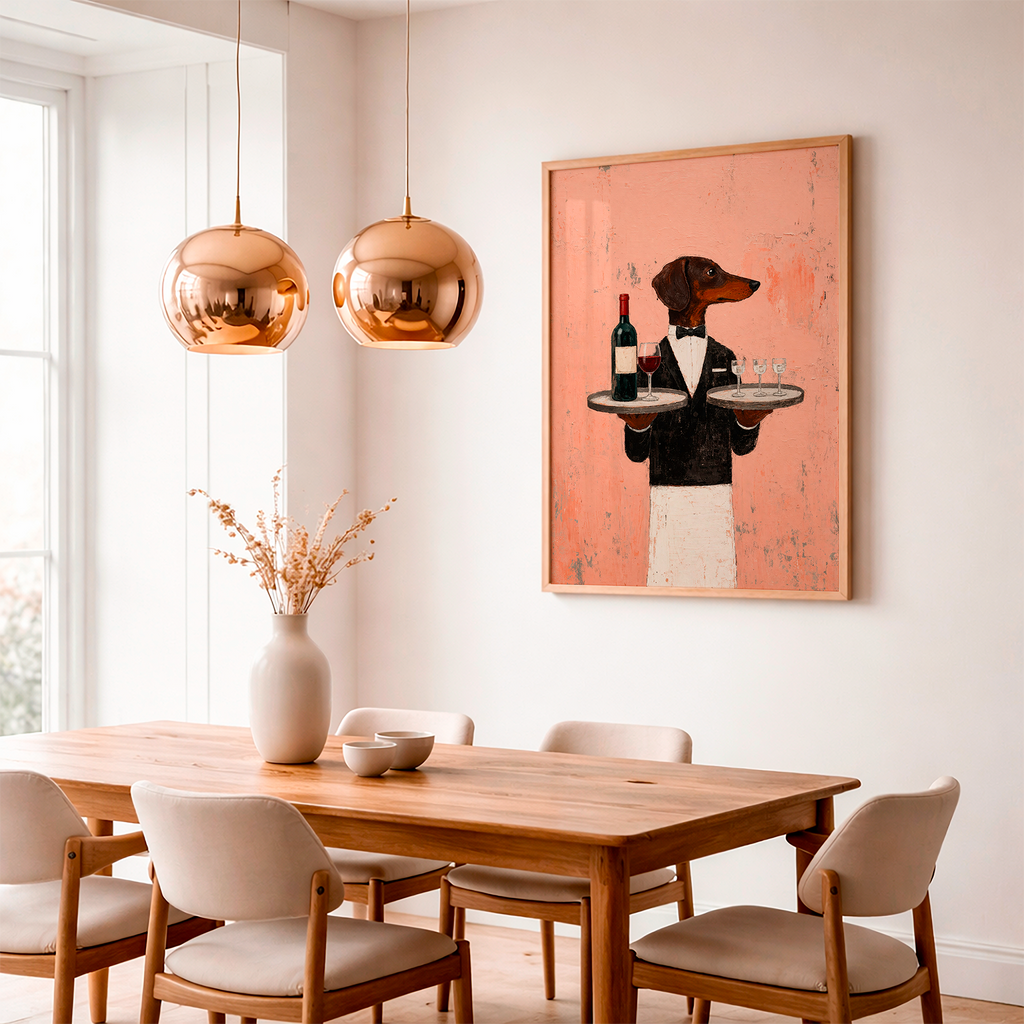 Dachshund Waiter Art Print – Funny Wine Dog Poster, Vintage Restaurant Wall Art