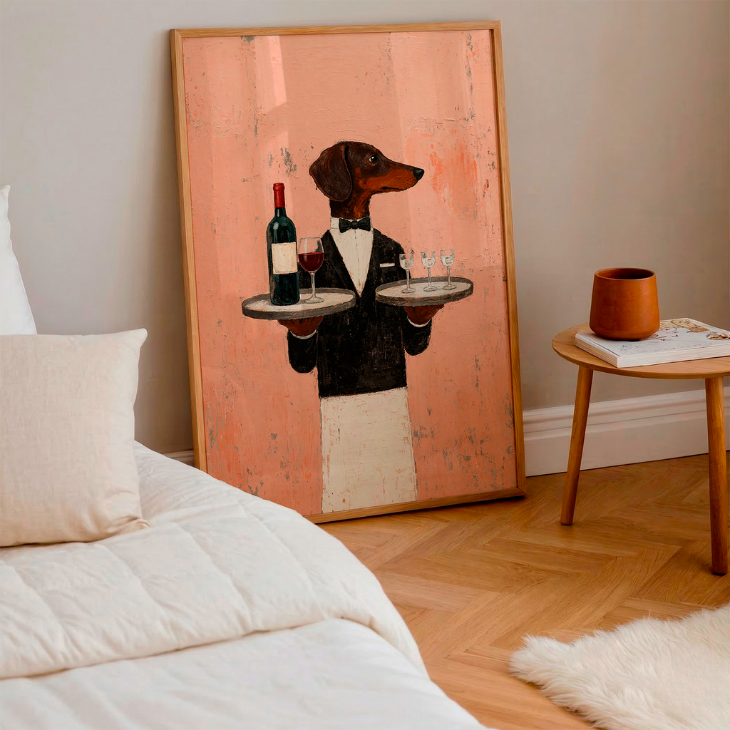 Dachshund Waiter Art Print – Funny Wine Dog Poster, Vintage Restaurant Wall Art