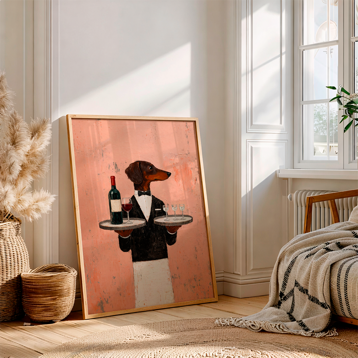 Dachshund Waiter Art Print – Funny Wine Dog Poster, Vintage Restaurant Wall Art