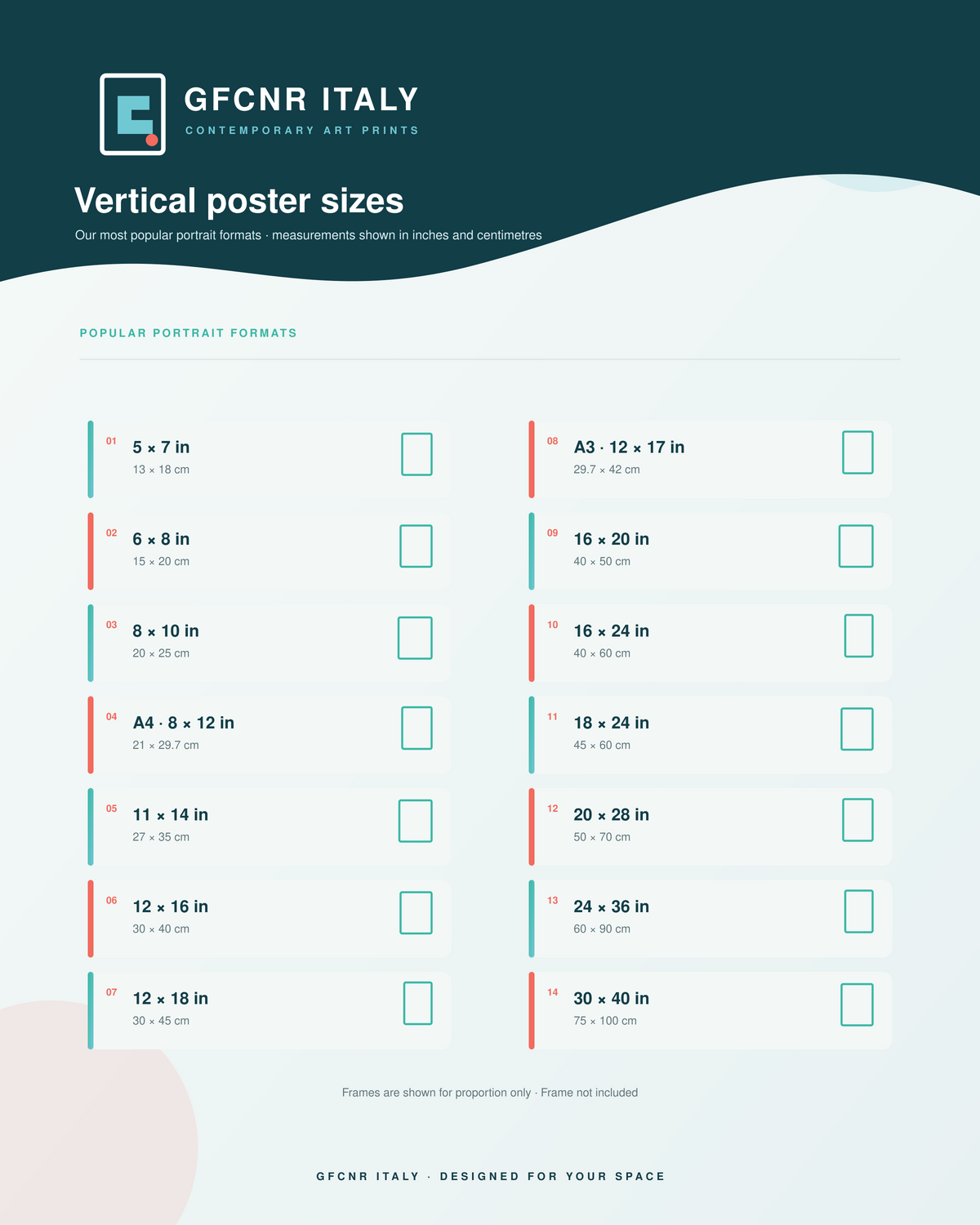 Vertical poster size guide showing available dimensions in inches and centimetres for US and international formats