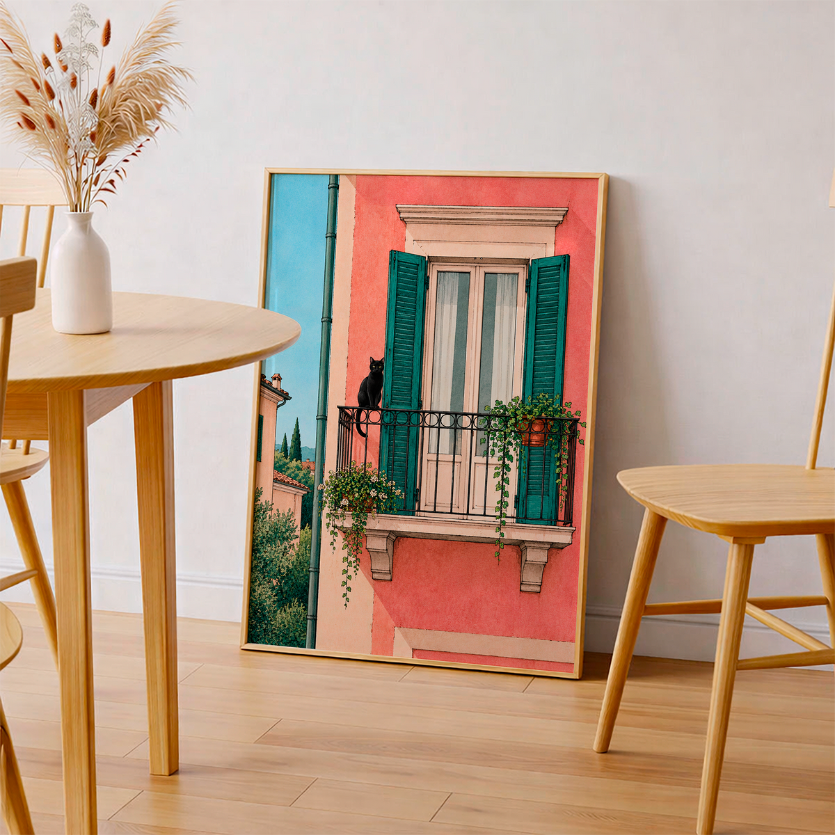 Black cat Italian balcony art print styled between light wooden furniture in a bright neutral dining interior