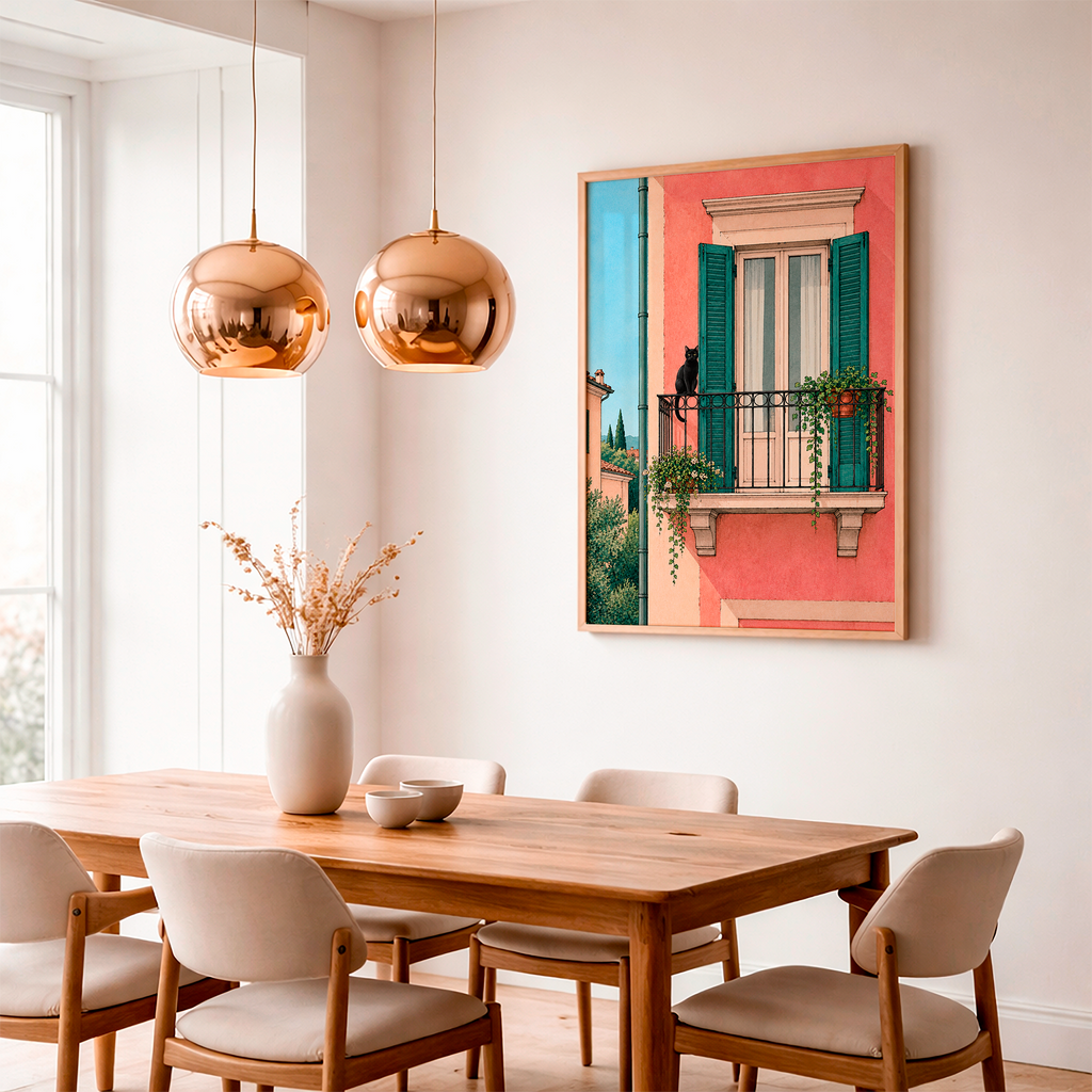 Black cat Italian balcony art print displayed on the wall of a bright modern dining room with wooden furniture
