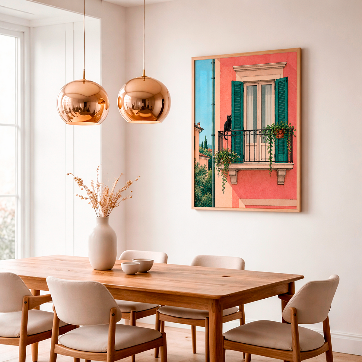 Black cat Italian balcony art print displayed on the wall of a bright modern dining room with wooden furniture