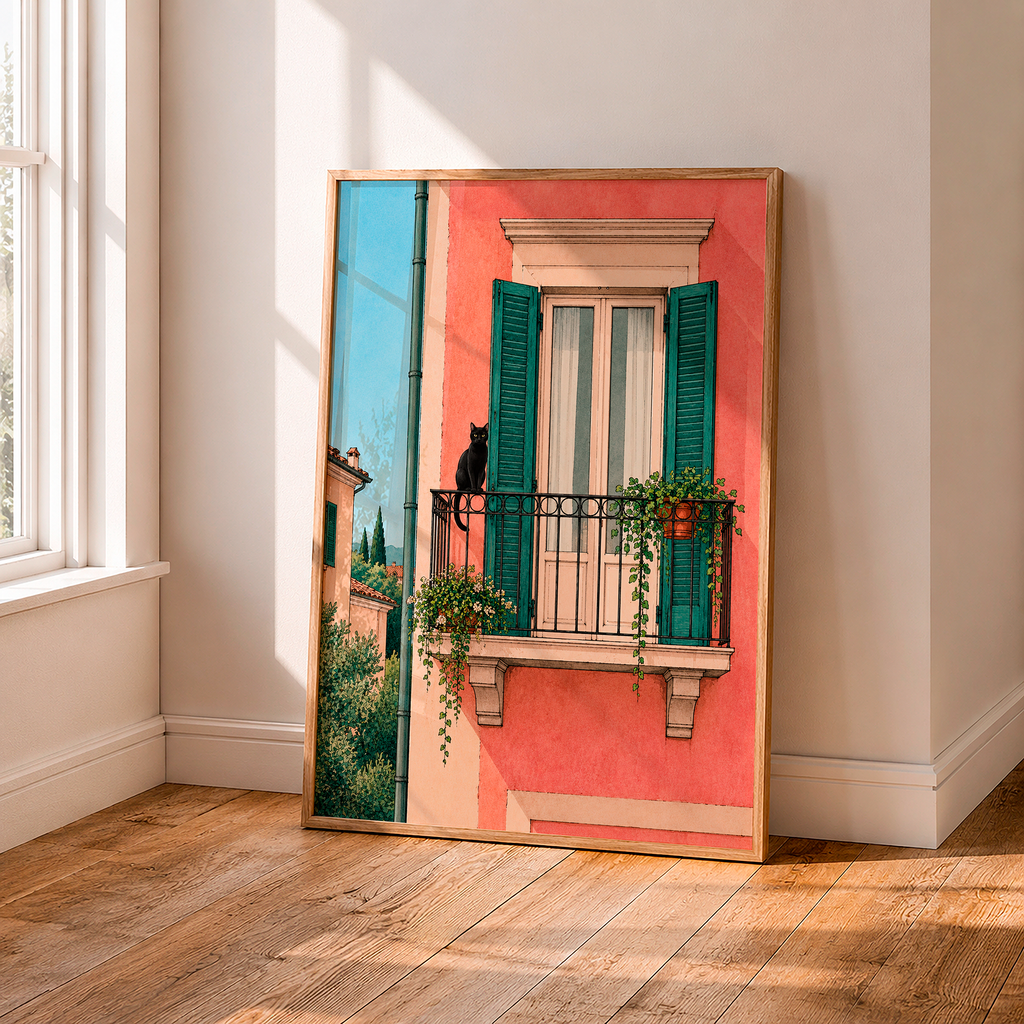 Black cat Italian balcony art print leaning against a sunlit wall beside a window in a warm minimalist interior