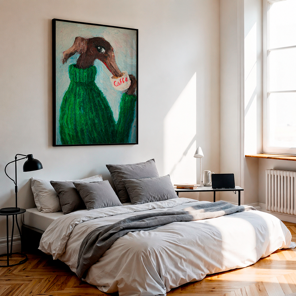 Dachshund Coffee Poster – Dog in Green Sweater Wall Art