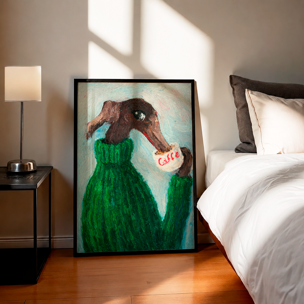 Dachshund Coffee Poster – Dog in Green Sweater Wall Art