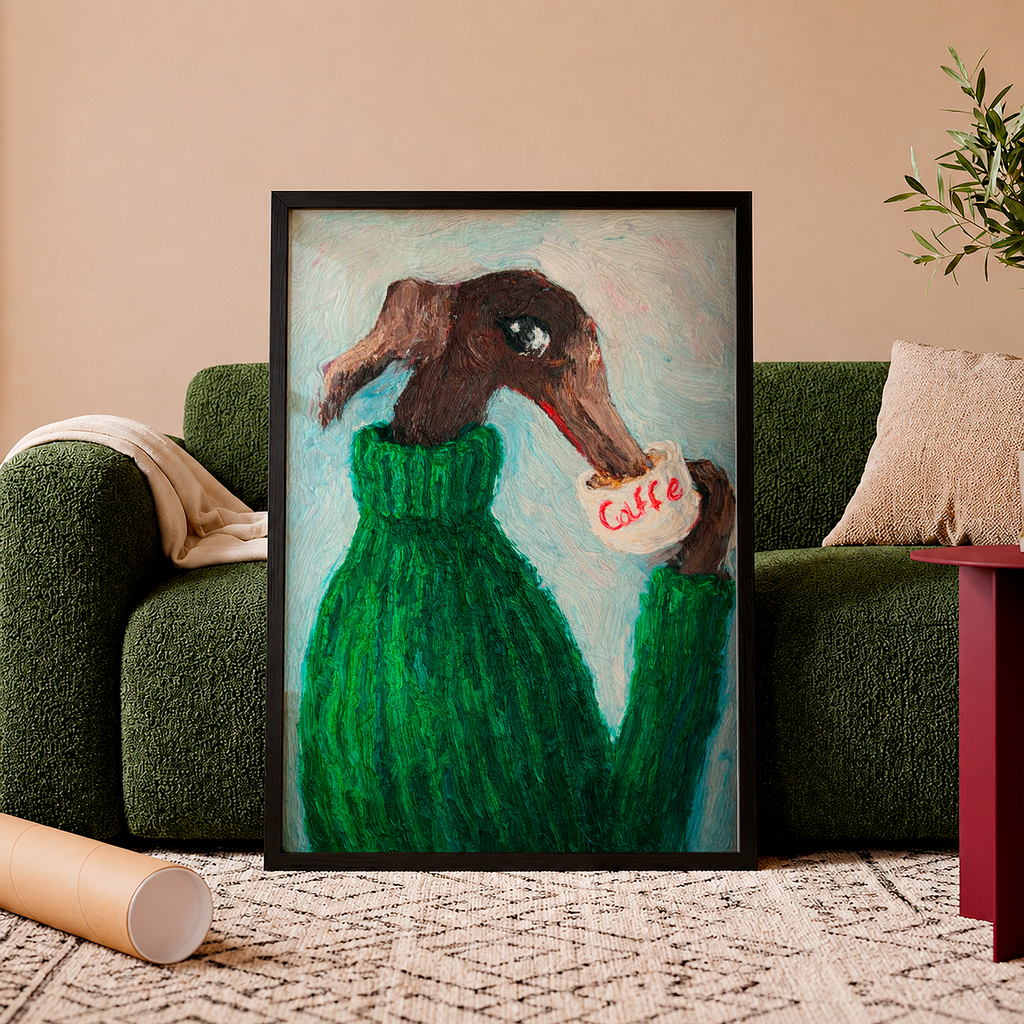 Dachshund Coffee Poster – Dog in Green Sweater Wall Art