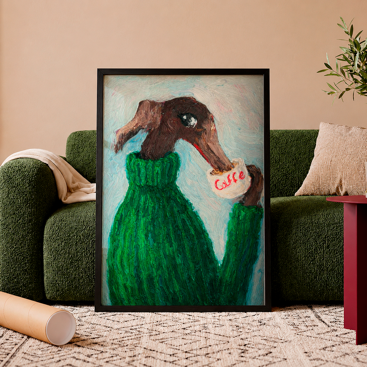 Dachshund Coffee Poster – Dog in Green Sweater Wall Art
