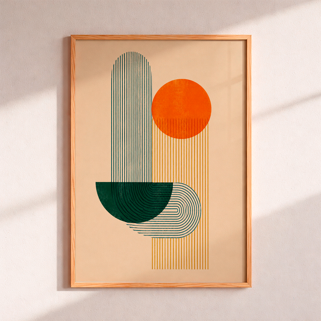 Mid-century geometric abstract poster with an orange circle, dark green semicircle and blue and ochre lines on a cream background.