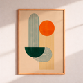 Mid-century geometric abstract poster with an orange circle, dark green semicircle and blue and ochre lines on a cream background.