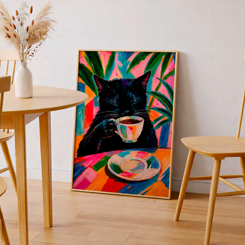 Black Cat Coffee Poster – Colorful Cat Wall Art, Whimsical Kitchen Print, Maximalist Home Decor