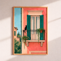 Black cat sitting on wrought-iron balcony of a terracotta Italian building with green shutters, vintage travel poster illustration