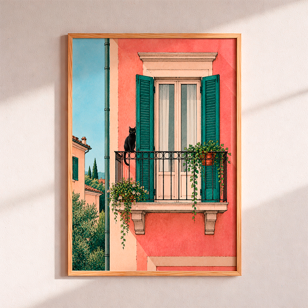 Black cat sitting on wrought-iron balcony of a terracotta Italian building with green shutters, vintage travel poster illustration