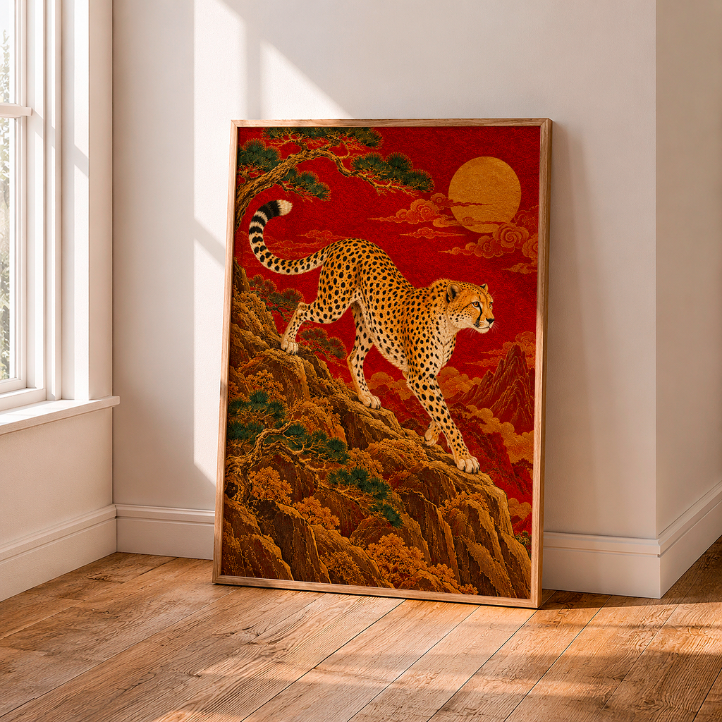 Japanese Cheetah Wall Art – Red and Gold Oriental Wildlife Poster, Vintage Asian Landscape Print