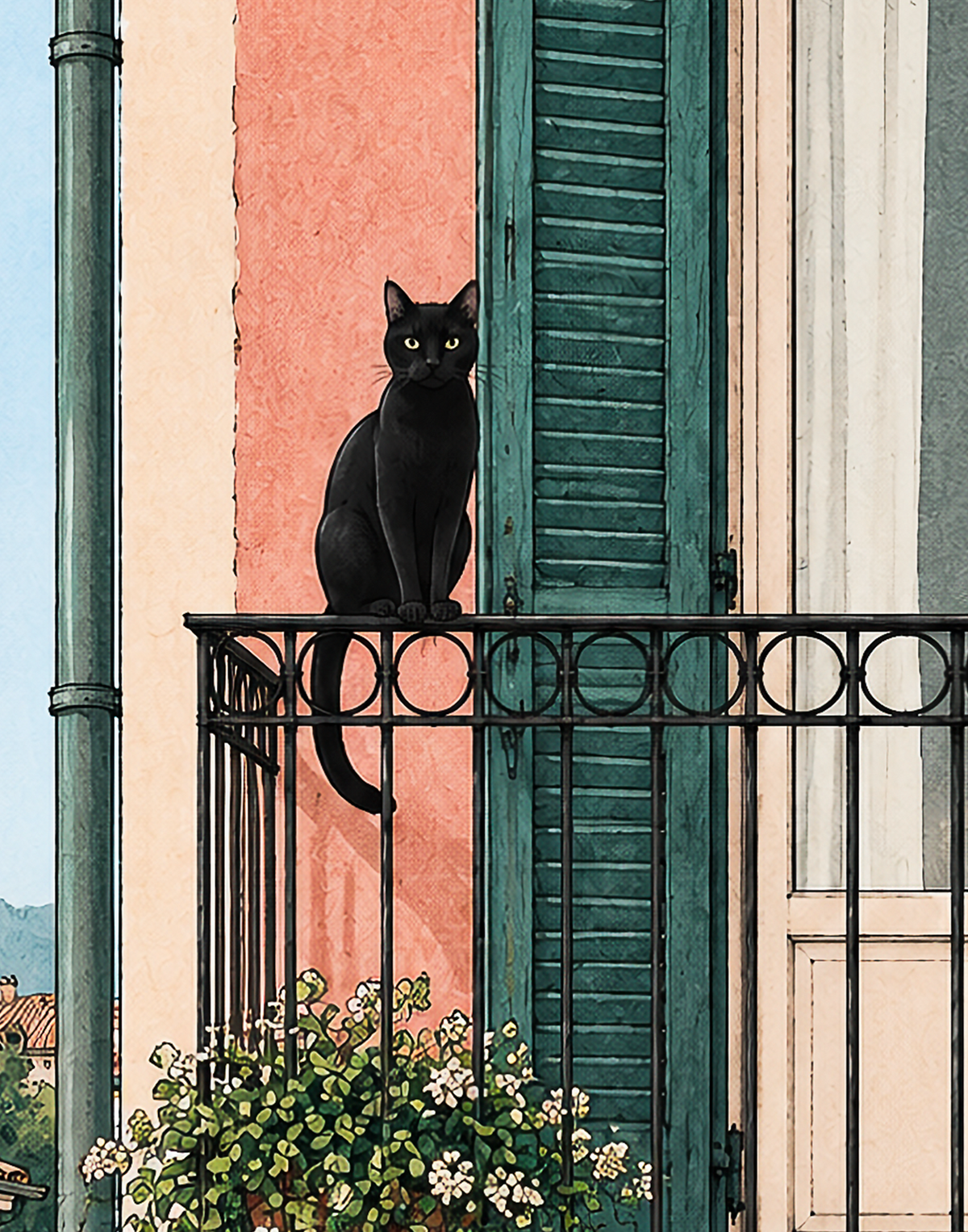 Close-up detail of a black cat sitting on a wrought-iron balcony beside green shutters and trailing flowers
