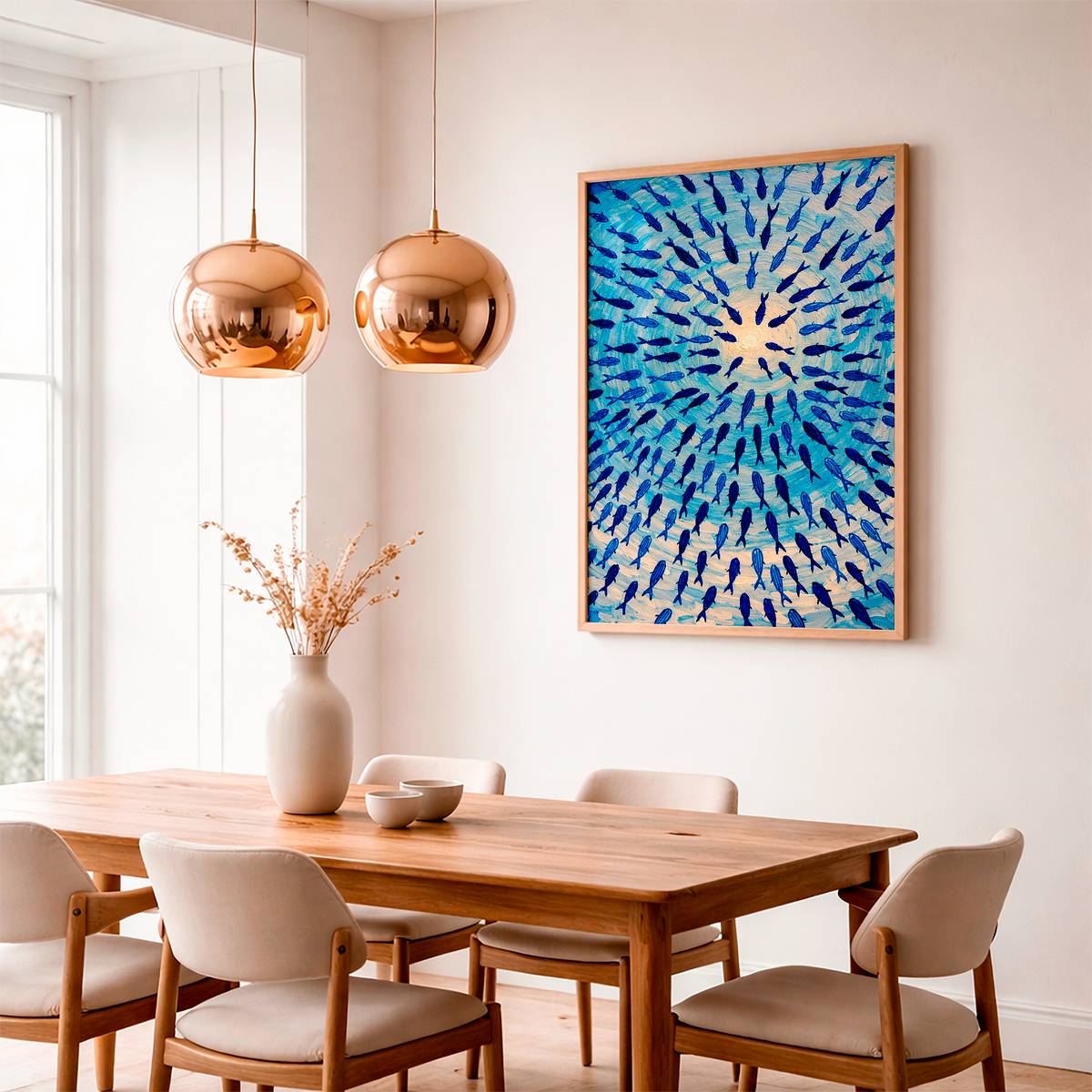 Blue Fish School Art Print – Textured Coastal Ocean Wall Art