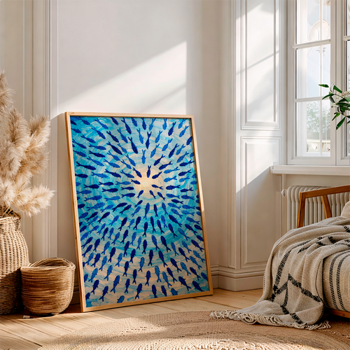 Blue Fish School Art Print – Textured Coastal Ocean Wall Art